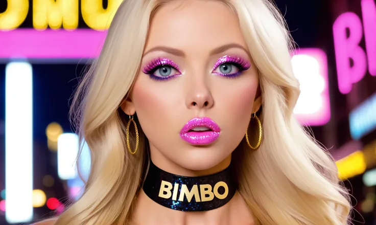 female portrait, glitter, huge breasts, blonde, long hair, bimbo face, stupid face expression, detailed face, expressive stupid eyes, bright makeup, pink glittery lips, huge bimbo lips, night city background, closeup on face and neck, ((choker with golden letters "BIMBO"))