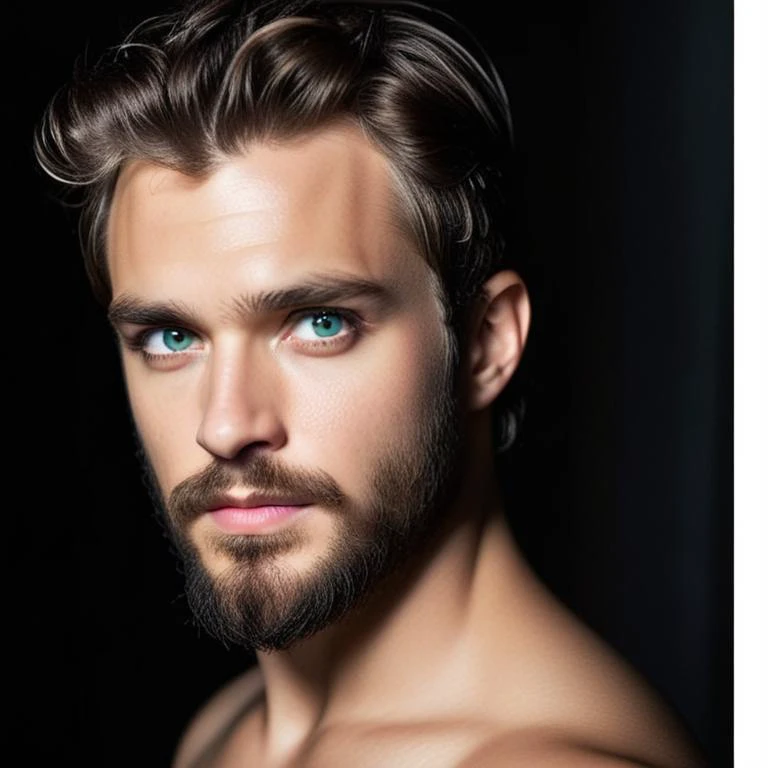 solo, headshot of a naked male (dan stevens:.3, theo james:.3, henry cavill:.3) perfect_face perfect_(grey:.5, green:.5)_eyes brown_undercut square_jawline pores textured_skin very_long_beard, dark scene, deep shadows, dark blacks,
cinematic, rembrandt lighting, drama