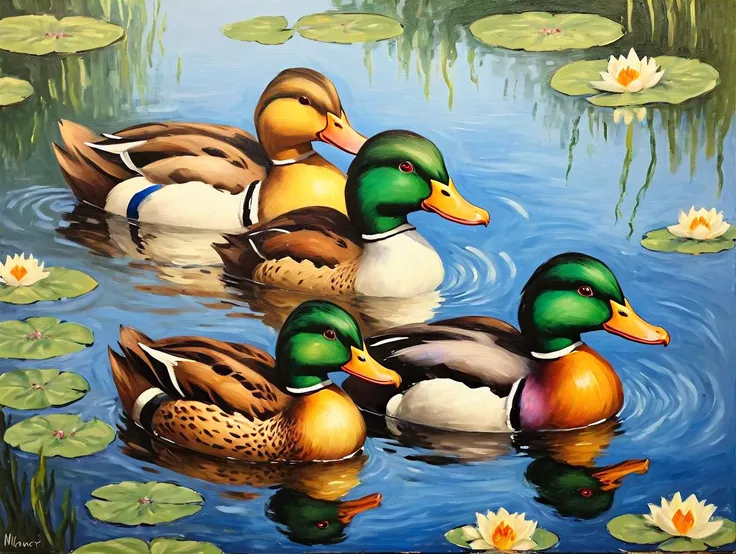 an oil  painting in the style of Monet  beautiful detailed  ducks