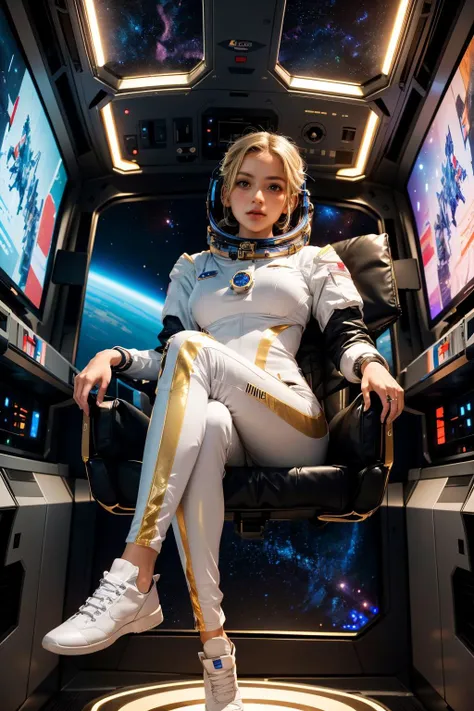 1girl,astronaut,aurora,blonde hair,breasts,city lights,cockpit,computer,constellation,drawing tablet,earth \(planet\),galaxy,laptop,light particles,looking at viewer,mecha,milky way,monitor,night,night sky,pants,planet,realistic,science fiction,screen,shoes,shooting star,short hair,sitting,sky,skyscraper,solo,space,space craft,space helmet,spacesuit,star \(sky\),starry background,starry sky,starry sky print,stylus,tablet pc,white footwear,window,, detailed skin texture,(blush:0.5),(goosebumps:0.5),subsurface scattering., <lora:add_detail:1.4>,<lora:add_sharpness:1.2>