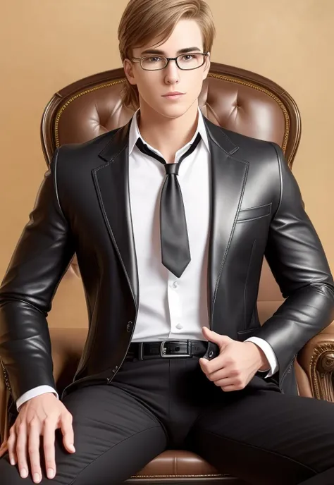 1boy, 16~20 years old, male focus, muscular male, nsfw, 3D, realistic, indoor, normal hue, central, golden ratio, sitting on the leather throne, sharp-featured body, tall, burly, highres, slender build, perfect anatomy, skin texture, thick dark buzzcut hair, see-through bangs, shallow eyebrow, symmetrical eyebrow, large bright eyes, symmetrical eyes, square gold-rimmed glasses, big straight nose, closed mouth, broad shoulders, noble attire, bdominal stretch, tight-fitting, stand-up collared shirt, necktie, vest, open dark leather jacket, black trousers, leather belt, spreading long thin legs, <lora:OnlyCocks_v1.0:0.5>, large erect penis over 10 inches length and 3 inches width, erection, large scrotum with testicles, masturbation, high-heeled leather boots, soft smile, handsome, powerful, from front, looking ahead at viewer, day, masterpiece, best quality, hyper-detailed, intricate detail, professional photography, matte, bright, the most beautiful ever seen, post processing, dreamatic lighting, ambient lighting, epic composition, ultrawide shot, uplight, raytracing reflections, depth of field, gorgeous background <lora:3.ForAllTimeAlkaid_v1.0:0.5>