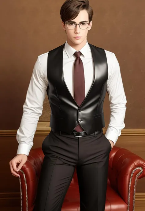 1boy, 16~20 years old, male focus, muscular male, nsfw, 3D, realistic, indoor, normal hue, central, golden ratio, sitting on the leather throne, sharp-featured body, tall, burly, highres, slender build, perfect anatomy, skin texture, thick dark buzzcut hair, see-through bangs, shallow eyebrow, symmetrical eyebrow, large bright eyes, symmetrical eyes, square gold-rimmed glasses, big straight nose, closed mouth, broad shoulders, noble attire, bdominal stretch, tight-fitting, stand-up collared shirt, necktie, vest, open dark leather jacket, black trousers, leather belt, spreading long thin legs, <lora:OnlyCocks_v1.0:0.5>, large erect penis over 10 inches length and 3 inches width, erection, large scrotum with testicles, masturbation, high-heeled leather boots, soft smile, handsome, powerful, from front, looking ahead at viewer, day, masterpiece, best quality, hyper-detailed, intricate detail, professional photography, matte, bright, the most beautiful ever seen, post processing, dreamatic lighting, ambient lighting, epic composition, ultrawide shot, uplight, raytracing reflections, depth of field, gorgeous background <lora:2.ForAllTimeAlkaid_v1.0:0.5>