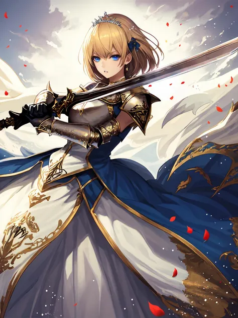masterpiece,best quality,highres,cinematic lighting,dramatic angle,<lora:ShadowverseAureliaV2:0.8> ,blonde hair,hairband,breastplate,crown,armored boots,gauntlets,petals,white dress,looking at viewer,serious,blue eyes,parted lips,holding sword,slashing,glowing weapon,from random point of view,portrait,close-up,cape,bare shoulders