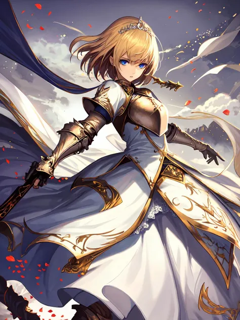 masterpiece,best quality,highres,cinematic lighting,dramatic angle,<lora:ShadowverseAureliaV2:0.8> ,blonde hair,hairband,breastplate,crown,armored boots,gauntlets,petals,white dress,looking at viewer,serious,blue eyes,parted lips,holding sword,slashing,glowing weapon,cowboy shot