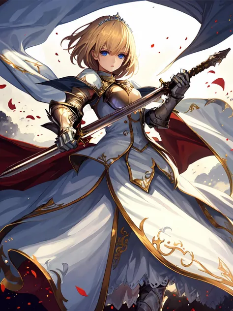 masterpiece,best quality,highres,cinematic lighting,dramatic angle,<lora:ShadowverseAureliaV2:0.8> ,blonde hair,hairband,breastplate,crown,armored boots,gauntlets,petals,white dress,looking at viewer,serious,blue eyes,parted lips,holding sword,slashing,glowing weapon,from random point of view,portrait,close-up,cape,bare shoulders