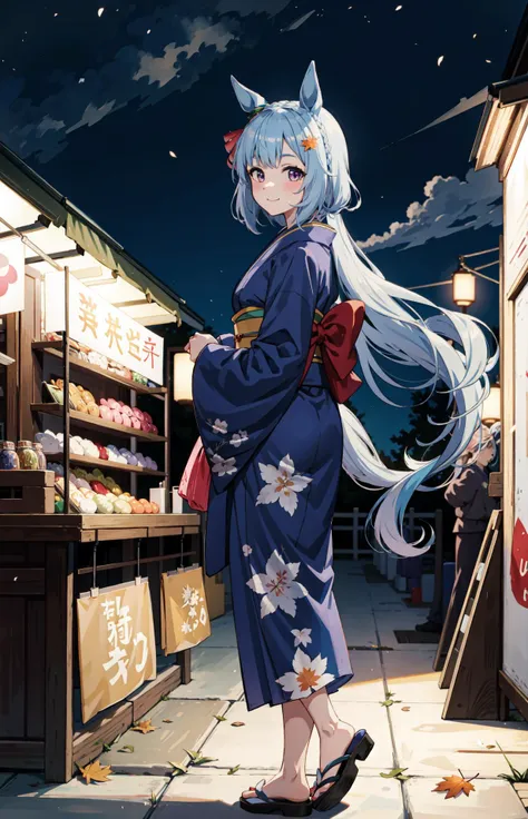 (masterpiece:1.2), solo, blue hair, (full body),(kimono, short kimono, wafuku, matsuri, night market, night), (diagonal view, top view:0.3), standing,   <lora:thickerLinesAnimeStyle_loraVersion:0.14> , outdoor, fallen leaves, maple, horse ears, mejiro ardan \(umamusume\), naughty_face, light smile,   <lora:mejiroArdanUmamusume_loha:0.4>