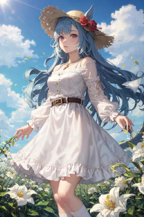 ((masterpiece, best quality)), 1girl, flower, solo, holding, sky, cloud, outdoors, bangs, bouquet, rose, expressionless, blush, flower field, red flower, holding flower, red rose, holding bouquet, sun hat, depth of field,
mejiro ardan \(umamusume\), jewelry, necklace, long sleeves, white shirt, belt, necklace, blue skirt, long skirt, floral print, socks,
<lyco:mejiro_ardan_loha-000010:0.7>