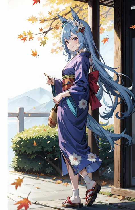 (masterpiece:1.2), solo, blue hair, (full body),(kimono, wafuku, matsuri), (diagonal view, top view:0.3), standing,   <lora:thickerLinesAnimeStyle_loraVersion:0.14> , outdoor, fallen leaves, maple, horse ears, mejiro ardan \(umamusume\), naughty_face, light smile,   <lora:mejiroArdanUmamusume_loha:0.4>