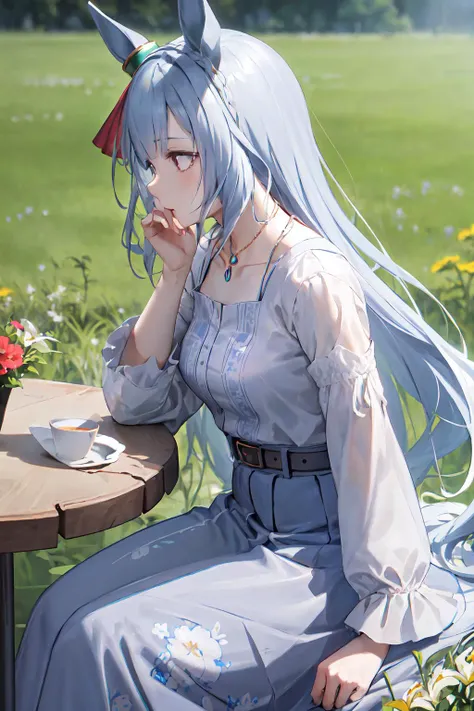 masterpiece, best quality, mejiro ardan \(umamusume\), sitting, table, from side, looking to the side, field of flower, jewelry, necklace, long sleeves, white shirt, belt, necklace, blue skirt, long skirt, floral print, <lora:mejiro ardan (umamusume):0.7>