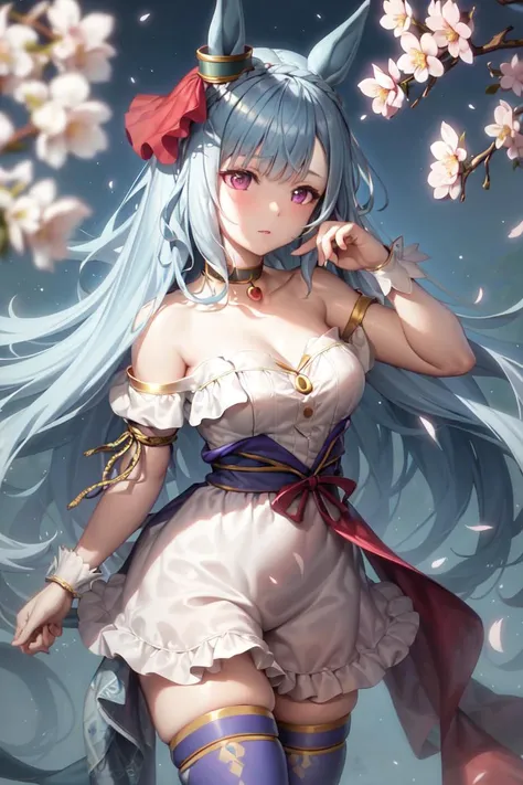 masterpiece, best quality, 
mejiro ardan \(umamusume\), 
cherry blossoms, 
official alternate costume, choker, detached sleeves, wrist cuffs, off-shoulder dress, white dress, strapless dress, bare shoulders, collarbone, blue thighhighs, 
<lora:mejiro_ardan_loha:0.7>