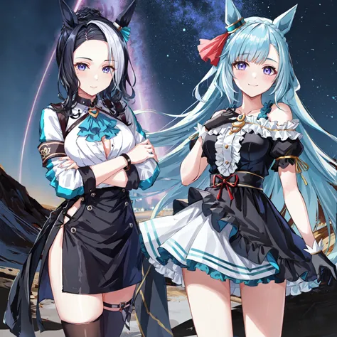 masterpiece, best quality, best aesthetic, ultra-detailed, masterpiece, best quality, 2girls, pale skin
AND 2girls, mejiro ramonu \(umamusume\), ear piercing, single glove, wristband, white shirt, blue ascot, open clothes, white jacket, cropped jacket, long sleeves, high-waist skirt, black skirt, frills, single thighhigh, black thighhighs, asymmetrical legwear, white footwear, black footwear, high heels, mismatched footwear, <lora:mejiro_ramonu:0.8>, standing, crossed arms, simple background, cowboy shot,
AND 2girls, mejiro ardan \(umamusume\), ear ornament, black gloves, white gloves, asymmetrical gloves, mismatched gloves, detached sleeves, puffy sleeves, [short sleeves:long sleeves:0.15], uneven sleeves, asymmetrical sleeves, ribbon, bare shoulders, off-shoulder dress, black dress, frilled dress, center frills, <lora:mejiro_ardan_loha:0.7>, standing, hand on chest, simple background, cowboy shot, knees, light smile, blush