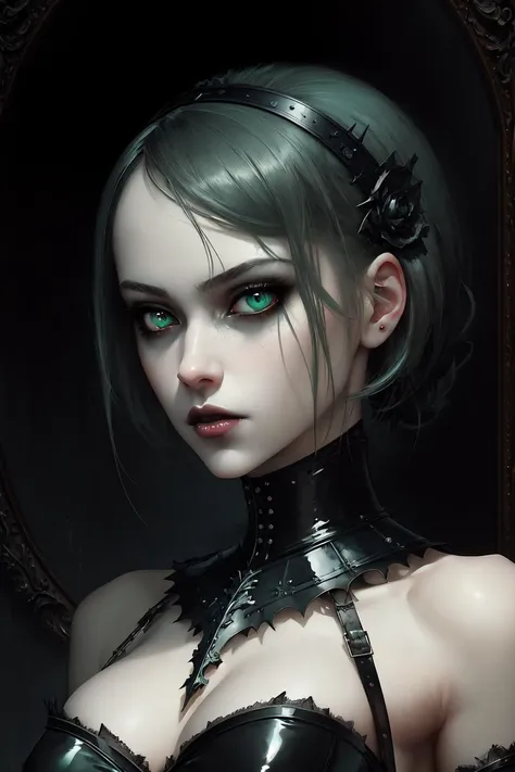 ((best quality)),((masterpiece)),(detailed),(realistic),Russ Mills,gothic art style,1girl,pale skin,mature detailed face,elegant,black lips,closed mouth,medium breasts,bare shoulders and neck,(green eyes:0.8),medium aqua hair,latex corset,cinematic lighting