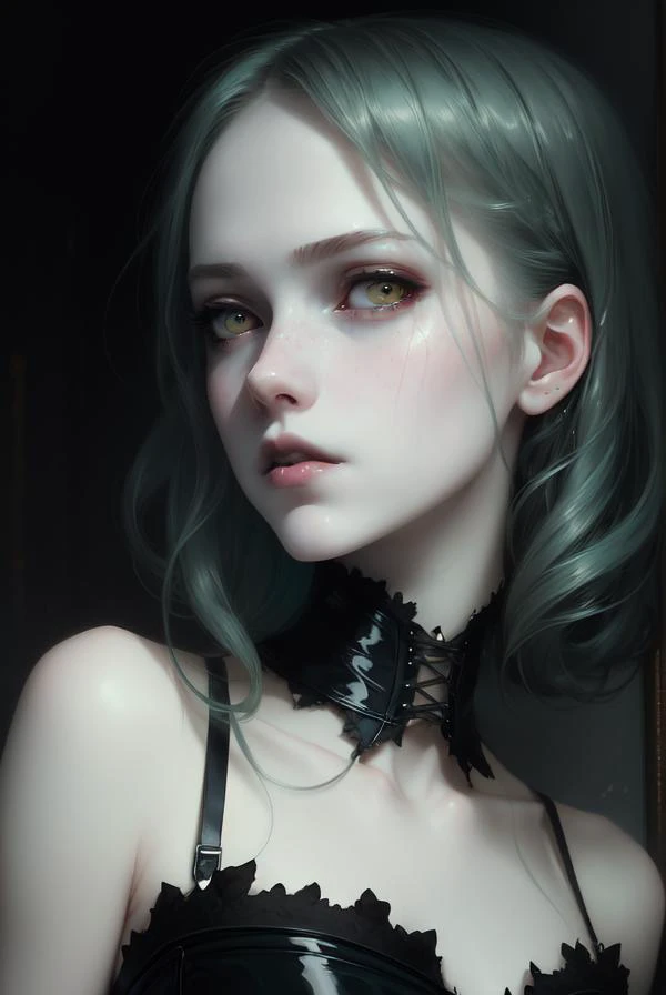 ((best quality)),((masterpiece)),(detailed),(realistic),from side,Agnes Cecile,gothic art style,1girl,pale skin,mature face,elegant,black lips,closed mouth,bare shoulders and neck,(green eyes:0.8),medium aqua hair,latex corset,cinematic lighting