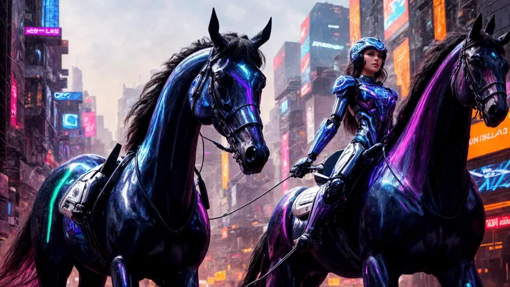 A futuristic robotic Akhal-Teke horse in a cyberpunk cityscape, neon lights and holograms, in the style of concept art by Syd Mead. (Layered Depth, Parallax Effect, Soft focus foreground:1.3),surreal,(detailed landscape:1.1),(whimsical atmosphere:1.1),(powerful energy:1.1),vibrant colors,sharp focus,cinematic lighting,(extremely intricate:1.04),(adorned:1.09),((4k, ultrarealistic, realistic, natural skin,studio quality,((best quality)), ((masterpiece)),grainy,perfect artwork,precise line-art)),