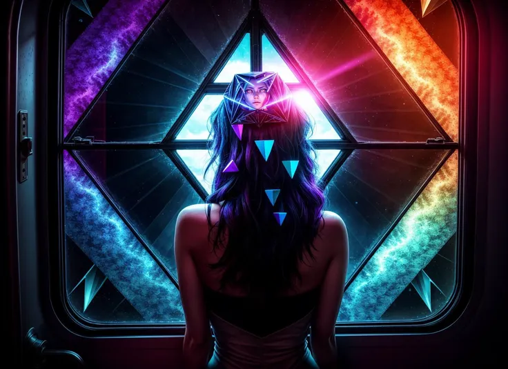 three cornered window, back of head shot of (woman looking out of triangle window:1.1), 3rd person, Looking out the triangular window of a (train:1.1) with triangular windows, triangular windows and triangular, wheels,  in a fantasy world, 
psychedelic, geometric, vivid light, high contrast, triadic colors, dark shadows,  explosions, nuclear mushroom cloud, nuclear explosion, dystopian nightmare, 
(beautiful composition),
21 yo woman,