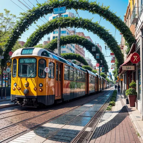 an analog photo of a streetscape from the perspective of a pedestrian, small 3 story buildings, large amounts of lush greenery, solar panels on roofs, bikes, pedestrians, trams<lora:add-detail-xl:2>