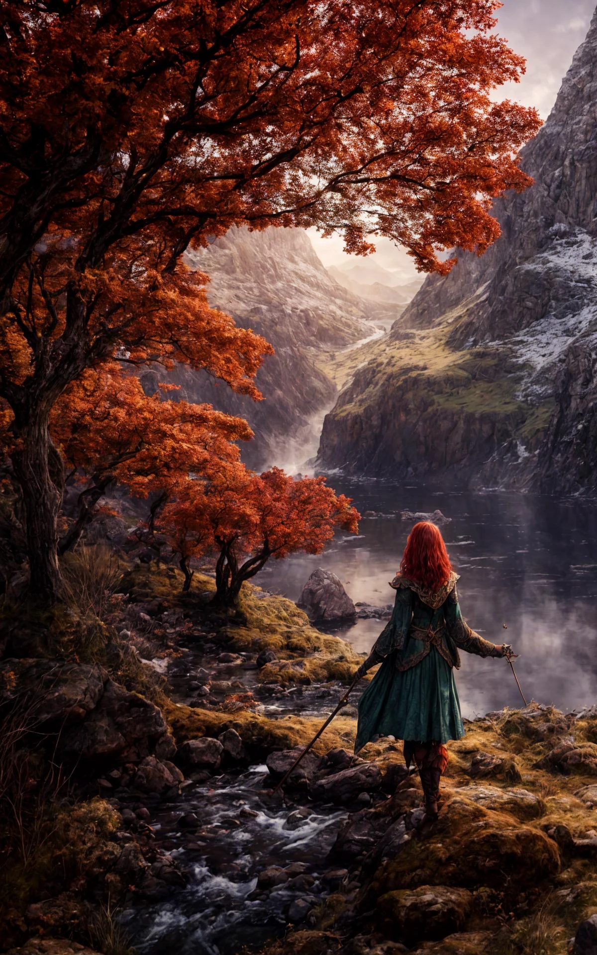 (Layered Depth, Parallax Effect, Soft focus foreground:1.3),surreal,(detailed landscape:1.1),(whimsical atmosphere:1.1),(powerful energy:1.1),vibrant colors,sharp focus,cinematic lighting,(extremely intricate:1.04),(adorned:1.09),((4k, ultrarealistic, realistic, natural skin,studio quality,((best quality)), ((masterpiece)),grainy,perfect artwork,precise line-art)), outdoor Scottish highlands, vivid sunset hues, fantasy setting. A striking redhead woman, (distinctly Scottish), wearing an elaborate elven inspired gown is a fusion of deep emerald green and earthy browns, with intricate Celtic knotwork embroidery in gold thread, Flowing sleeves, a fitted bodice+, short skirt , fiery red hair is styled in a cascade of loose curls, green eye, stands atop a grassy knoll, overlooking a misty loch. In her hands, she holds an ancient, rune carved staff, emanating a soft, other worldly glow.,