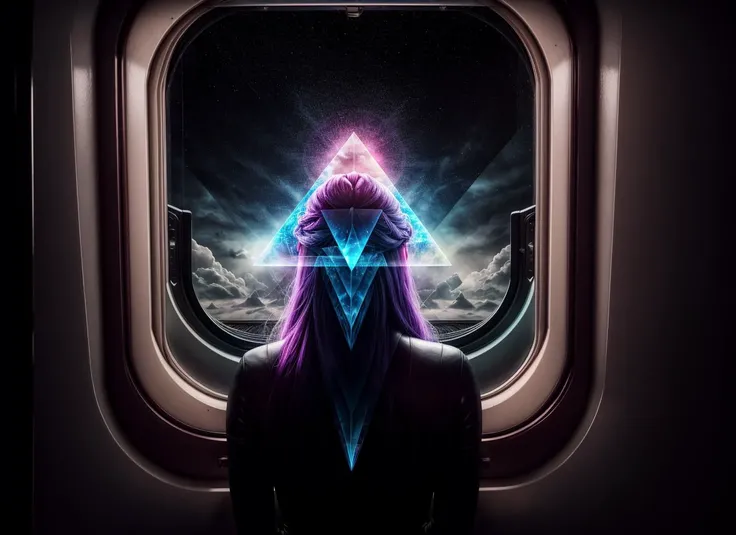 three cornered window, back of head shot of (woman looking out of triangle window:1.1), 3rd person, Looking out the triangular window of a (train:1.1) with triangular windows, triangular windows and triangular, wheels, in a fantasy world,
psychedelic, geometric, vivid light, high contrast, triadic colors, dark shadows, explosions, nuclear mushroom cloud, nuclear explosion, dystopian nightmare,
(beautiful composition),
21 yo woman,