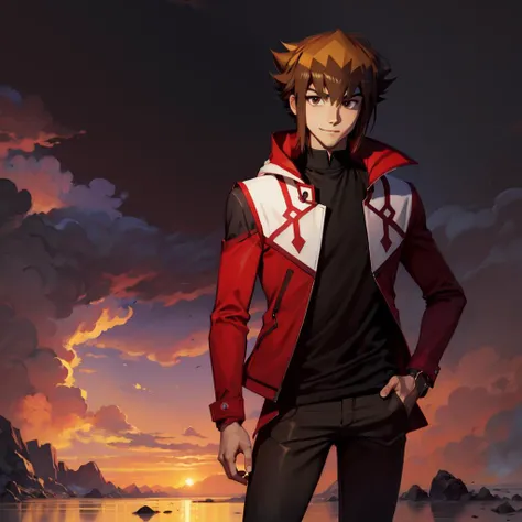 <lora:jadenYukiYuGiOhThe_v2:0.8>1boy, Judai Yuki, black_pants, black_shirt, brown_eyes, brown_hair, closed_mouth, duel_academy_uniform_\yu-gi-oh!_gx\, hand_in_pocket, hand_on_hip, jacket, long_sleeves, looking_at_viewer, male_focus, open_clothes, open_jacket, pants, red_jacket, shiny, shiny_hair, shirt, smile, solo, spiked_hair, standing, transparent_background,