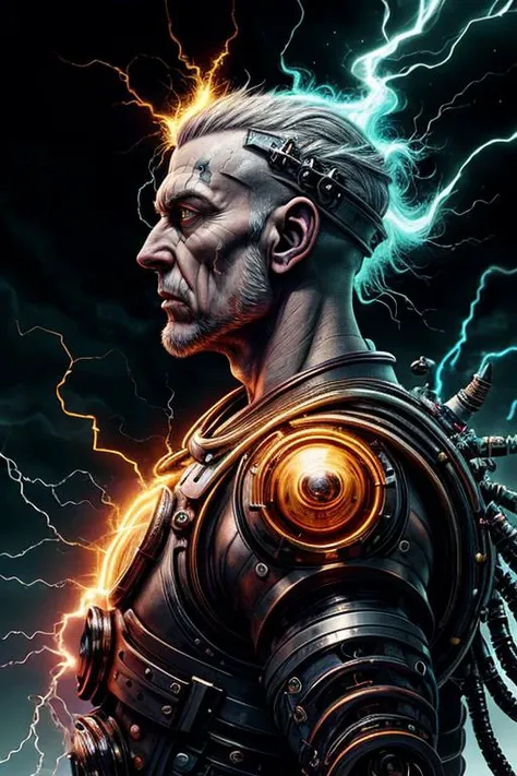 best quality,masterpiece,(1man, old irish male:1.2), amber eyes, white hair, shaved head, focus on character, solo, (style-rustmagic:0.8), solo, from side, side view, half shot, looking at viewer, detailed face,<lora:JoltTech:0.6>, excessive energy, lightning, jolttech theme,vampiric shadowblade,(proud arrogance,:1.05),gazing into the distance,white clothes,crown,brandishing forbidden trident of the moon,conjuring shimmering waves of force around them,surrounded by ethereal mandalas,heads-up displays projected in front,dark purple color palette,outdoors, foilage, , walls,badlands in background,rain, diffused lighting,,