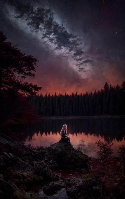 (Layered Depth, Parallax Effect, Soft focus foreground:1.3),surreal,(detailed landscape:1.1),(whimsical atmosphere:1.1),(powerful energy:1.1),vibrant colors,sharp focus,cinematic lighting,(extremely intricate:1.04),(adorned:1.09),((4k, ultrarealistic, realistic, natural skin,studio quality,((best quality)), ((masterpiece)),grainy,perfect artwork,precise line-art)), (cowboy shot, solo_focus, cinematic photoshoot of perfect seductive young woman:1.3), In the heart of a moonlit, ancient forest, a solitary Valkyrie kneels beside a serene lake. The water mirrors the night sky, dotted with constellations. Around her, ethereal, glowing runes float gently in the air, casting a soft light on her armor. The scene is enveloped in a profound silence, broken only by the distant, haunting calls of nocturnal creatures. Above, the Northern Lights dance solemnly, reflecting her somber expression as she contemplates the fallen warriors' souls she's destined to guide to Valhalla. The forest around her is both beautiful and melancholic, imbued with a sense of timeless reverence and a deep connection to the ancient Norse legends.