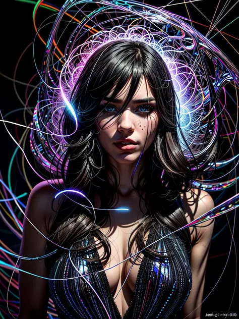 Albert Gleizes style mysterious figure emerges from the shadows in a tangled mess of iridescent wires and glowing mesh, aroused hidden behind layers of glitched wavy distortions, non-representational, spot color and Gigantoplasm, thirsty of feelings, imaginative, highly detailed, realistic, detailed, balanced, by Trey Ratcliff, Klaus Herrmann, Serge Ramelli, Jimmy McIntyre, Elia Locardi, (Noir), black and white , detective , crime , mystery