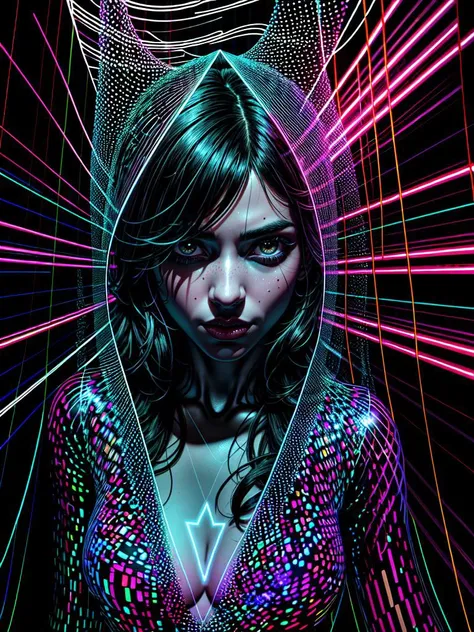Tavar Zawacki style mysterious figure emerges from the shadows in a tangled mess of iridescent wires and glowing mesh, afterglow hidden behind layers of glitched wavy distortions, non-representational, spot color and Dimir Doppelganger, flustered of feelings, imaginative, highly detailed, realistic, detailed, balanced, by Trey Ratcliff, Klaus Herrmann, Serge Ramelli, Jimmy McIntyre, Elia Locardi, (Noir), black and white , detective , crime , mystery