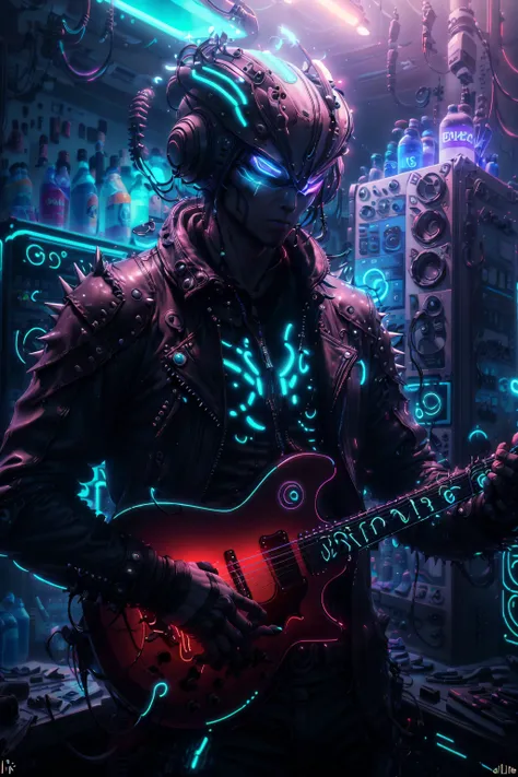 A ((neon)) blue alien punk with spiky hair and a leather jacket, holding a guitar in one hand and a ((glowing)) energy drink in the other, in the style of BlueAP, realistic, <lora:BlueAP-CIVIT(0,8):1>