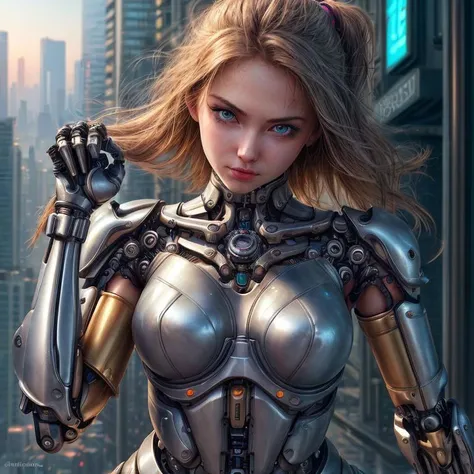 best quality, high_resolution,girl close-up , mechanical arms, cityscape