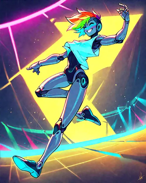 source_anime, robot skin, score_9, score_8, score_7, score_6, robot girl, android, colorful clothes, loose shirt, rainbow hair, pixie cut, robot joints, freckles, petite, android girl, joints, blushing, neon lights, lasers, music, smiling, dancing, cute, attitude, at a futuristic nightclub, vibrant, jumping, nipslip, nipple,
masterpiece, 8k, highly detailed, dynamic, dynamic lighting, cinematic lighting, intricate, nsfw,
SimplePositiveXLv2, <lora:RobotSkin_Pony_v1.05:1>