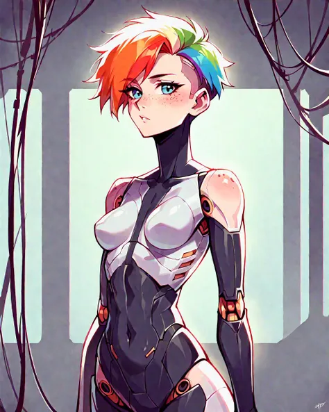 source_anime, robot skin, score_9, score_8, score_7, score_6, robot girl, android, rainbow hair, pixie cut, robot joints,  freckles, fair skin, skin tone, petite, breasts, android girl, seams, access panels, joints,  blushing,  in a futuristic computer lab, surrounded by industrial equipment, standing at attention, wires,, cables, futuristic industrial machines, cute, skintight suite, attitude, skin,
masterpiece, 8k, highly detailed, dynamic, dynamic lighting, cinematic lighting, intricate, nsfw,
SimplePositiveXLv2,   <lora:RobotSkin_Pony_v1.05:1.2>