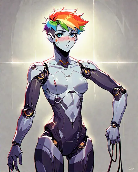 source_anime, robot skin, score_9, score_8, score_7, score_6, robot girl, android, rainbow hair, pixie cut, robot joints, freckles, fair skin, skin tone, petite, breasts, android girl, seams, access panels, joints, blushing, in a futuristic computer lab, surrounded by industrial equipment, standing at attention, wires,, cables, futuristic industrial machines, cute, skintight suite, giving attitude,
masterpiece, 8k, highly detailed, dynamic, dynamic lighting, cinematic lighting, intricate, nsfw,
SimplePositiveXLv2, <lora:RobotSkin_Pony_v1.05:1.2>