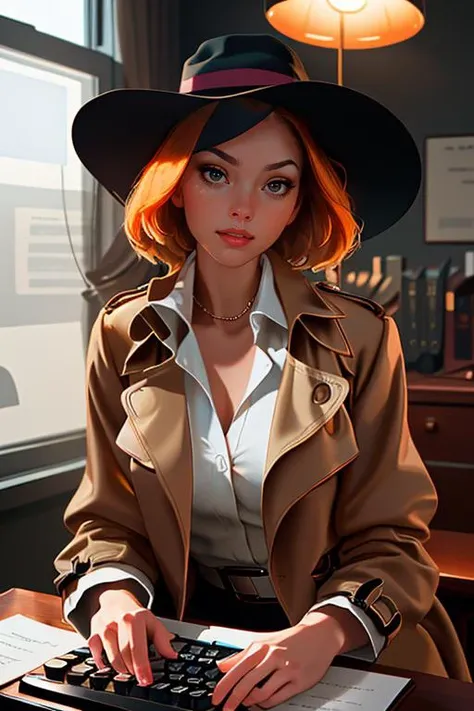 DEN_sophie_la_sage,
(a 1940s private investigator wearing a trench coat and rimmed hat sitting in a drab dank office at the desk using a typewriter, private investigator, 1940s:1.2),
bokeh, f1.4, 40mm, photorealistic, raw, 8k, textured skin, skin pores, intricate details <lora:epi_noiseoffset2:1>, epiCRealism