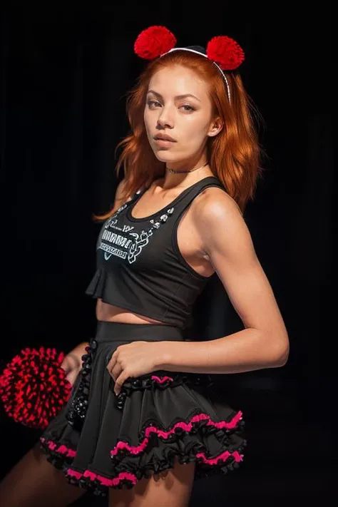 DEN_sophie_la_sage,
((gothic cheerleader:1.1) outside wearing a black (skull top:1.2) with a skull on it and a (frilly skirt:1.2) holding (pom poms:1.2), gothic, (cheerleader:1.2):1.2),
bokeh, f1.4, 40mm, photorealistic, raw, 8k, textured skin, skin pores, intricate details <lora:epi_noiseoffset2:1>, epiCRealism <lora:ClothingAdjuster3:-1.3>