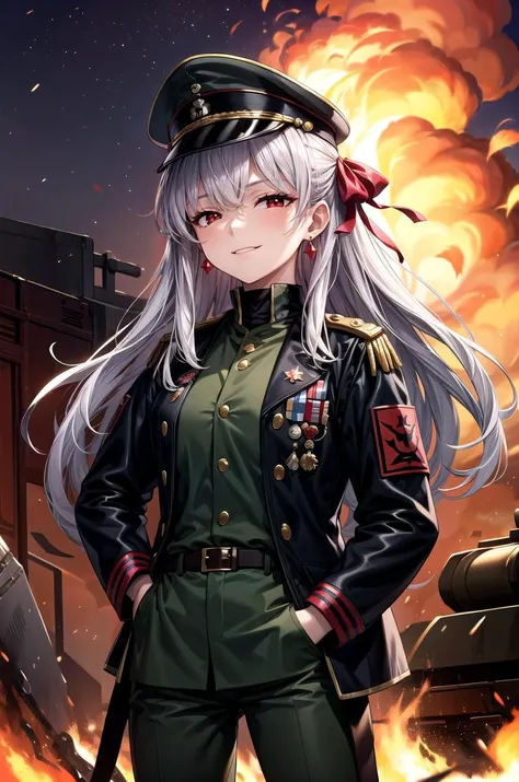 (masterpiece, best quality, detailed), 1girl, solo, bbkama, long hair, hair ribbon, hair ornament, red eyes, earrings, looking at viewer,
military uniform, military, soldier, belt, green pants, military hat, black jacket, metal, camouflage, world war ii, war, military vehicle, battlefield, battle, dust, smoke, burning, fire, red sky, explosion, hands in pockets, hald-closed eyes, evil smile