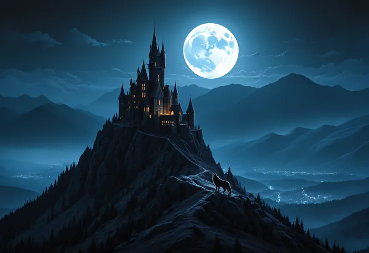 a masterful digital fantasy painting in the style of Greg Rutkowski Dan Mumford and Caspar David Friedrich , a dark tall and gothic vampire castle sits atop a creepy mountain spire, moonlit, night, masterpiece, 8k, award winning, high quality, best quality, cinematic, extremely detailed, intense lighting, epic, medium shot distance, epic shot,((close-up Wolf Howling At The Moon)), black clouds, yellow fog in the valley