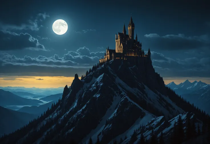 a masterful digital fantasy painting in the style of Greg Rutkowski Dan Mumford and Caspar David Friedrich , a dark tall and gothic vampire castle sits atop a creepy mountain spire, moonlit, night, masterpiece, 8k, award winning, high quality, best quality, cinematic, extremely detailed, intense lighting, epic,  medium shot distance, epic shot,((close-up Wolf Howling At The Moon)), black clouds, yellow fog in the valley