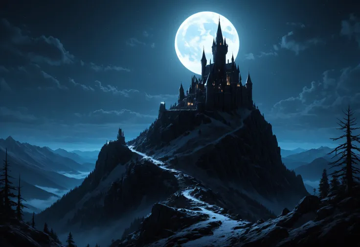 a masterful digital fantasy painting in the style of Greg Rutkowski Dan Mumford and Caspar David Friedrich , a dark tall and gothic vampire castle sits atop a creepy mountain spire, moonlit, night, masterpiece, 8k, award winning, high quality, best quality, cinematic, extremely detailed, intense lighting, epic, medium shot distance, epic shot,((close-up Wolf Howling At The Moon)), black clouds, yellow fog in the valley