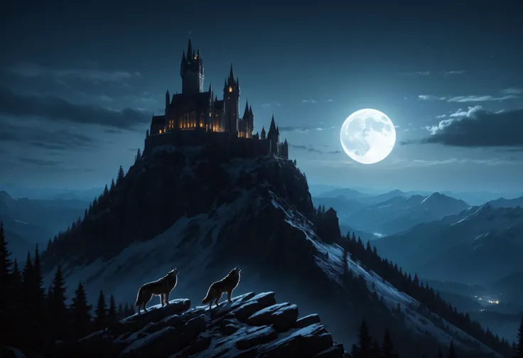 a masterful digital fantasy painting in the style of Greg Rutkowski Dan Mumford and Caspar David Friedrich , a dark tall and gothic vampire castle sits atop a creepy mountain spire, moonlit, night, masterpiece, 8k, award winning, high quality, best quality, cinematic, extremely detailed, intense lighting, epic, medium shot distance, epic shot,((close-up Wolf Howling At The Moon)), black clouds, yellow fog in the valley