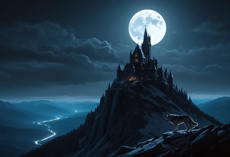 a masterful digital fantasy painting in the style of Greg Rutkowski Dan Mumford and Caspar David Friedrich , a dark tall and gothic vampire castle sits atop a creepy mountain spire, moonlit, night, masterpiece, 8k, award winning, high quality, best quality, cinematic, extremely detailed, intense lighting, epic, medium shot distance, epic shot,((close-up Wolf Howling At The Moon)), black clouds, yellow fog in the valley
