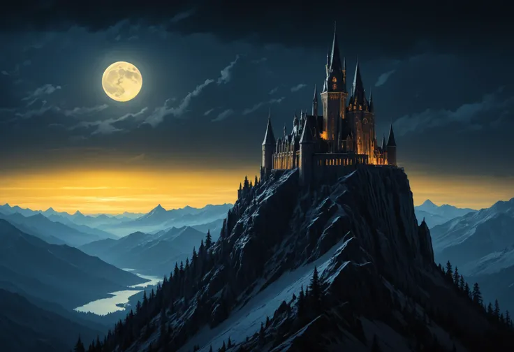 a masterful digital fantasy painting in the style of Greg Rutkowski Dan Mumford and Caspar David Friedrich , a dark tall and gothic vampire castle sits atop a creepy mountain spire, moonlit, night, masterpiece, 8k, award winning, high quality, best quality, cinematic, extremely detailed, intense lighting, epic,  medium shot distance, epic shot,((close-up Wolf Howling At The Moon)), black clouds, yellow fog in the valley