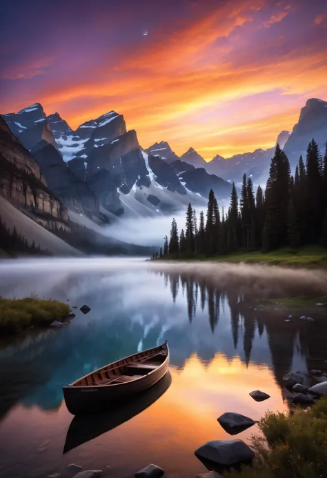 The image captures a breathtaking sunset over a vast and tranquil landscape. The sky is a canvas of warm hues, transitioning seamlessly from deep shades of violet and indigo near the horizon to vibrant streaks of orange, pink, and gold that dance across the heavens like brushstrokes of a master painter. Wispy clouds catch the last rays of sunlight, casting ethereal shadows against the backdrop of the setting sun. In the foreground, a pristine lake mirrors the kaleidoscope of colors above, creating a stunning reflection that amplifies the beauty of the scene. The water's surface is so still that it seems almost surreal, broken only by the gentle ripples caused by the occasional passing breeze. Surrounding the lake are towering mountains cloaked in mist, their jagged peaks reaching towards the sky like ancient guardians watching over the land below. Lush forests carpet the foothills, their emerald green foliage glowing in the soft twilight. As the eye follows the natural contours of the landscape, it's drawn to a lone figure standing at the water's edgea silhouette against the brilliance of the sunset. The figure's posture exudes a sense of awe and reverence, as if they are a part of this majestic scene, humbled by the sheer magnificence of nature's grandeur. Rockies, fog touches the shores, ported old vintage boat, geese