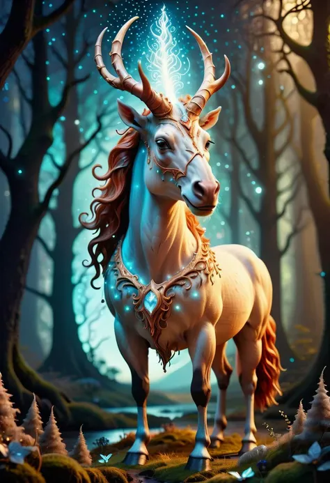 Hornyfier, realistic photography of a cute magical centaur with noble bearing in an enchanted wonderland, beautiful whimsical fantasy art concept, detailed background, glowing particles, intricate details, realism, ultra sharp, <lora:HornyfierXL:0.8>