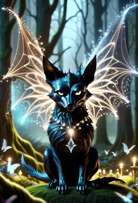 BatmanCore, realistic photography of a cute magical shapeshifter with deceptive charm in an enchanted wonderland, beautiful whimsical fantasy art concept, detailed background, glowing particles, intricate details, realism, ultra sharp, <lora:BatmanCoreXL:0.8>