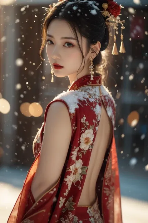 Warm Snow, 1girl, solo, hair ornament, black hair, jewelry, earrings, looking at viewer, blurry, snow, snowing, red lips, chinese clothes, looking back, upper body, flower, blurry background, makeup, black eyes, lipstick, hair stick, realistic, floral print, lips, closed mouth,
best quality,masterpiece,illustration,an extremely delicate and beautiful,CG,unity,8k wallpaper,Amazing,finely detail,masterpiece,official art,extremely detailed CG unity 8k wallpaper,incredibly absurdres,huge filesize,ultra-detailed,highres,extremely detailed,beautiful detailed girl,realistic,<lora:Warm Snow_20240127032610:0.8>,