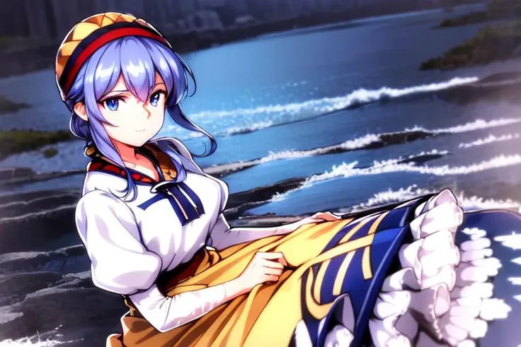 a woman holding dirty clothes , kneeling at a river, washing clothes, beautiful eyes, beautiful girl, high detail skin, high detail eyes, high detail hair, highres, ultra detailed, sharpen picture, Highly detailed, masterpiece, best quality, photorealistic,
<lora:LunaNoa002:0.9> 1girl, lnbackground, background, blue hair, long hair, solo, dress, hat, smile, looking at viewer, long sleeves, braid, sidelocks, blue eyes, bandana, puffy sleeves, skirt