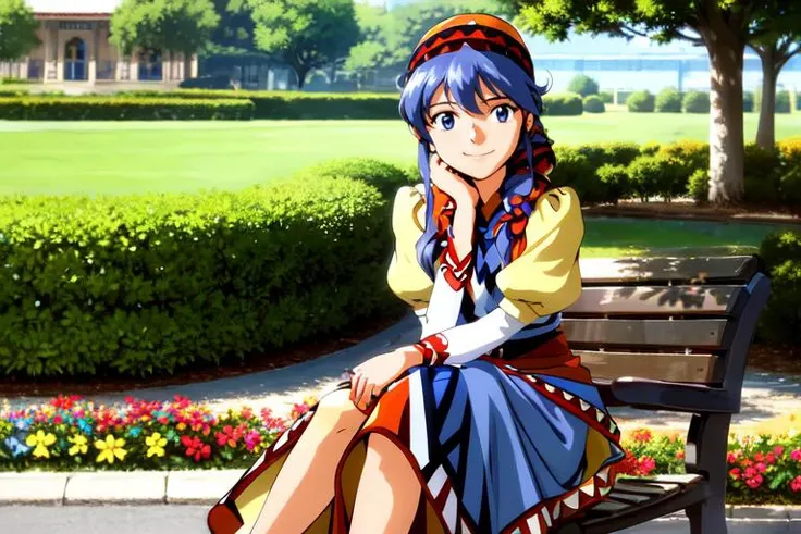 a woman in a park, sitting on a bench, birds, bird on hand, holding bird, cute smile, beautiful eyes, beautiful girl, high detail skin, high detail eyes, high detail hair, highres, ultra detailed, sharpen picture, Highly detailed, masterpiece, best quality, photorealistic,
<lora:LunaNoa002:0.9> 1girl, lnbackground, background, blue hair, long hair, solo, dress, hat, smile, looking at viewer, long sleeves, braid, sidelocks, blue eyes, bandana, puffy sleeves, skirt