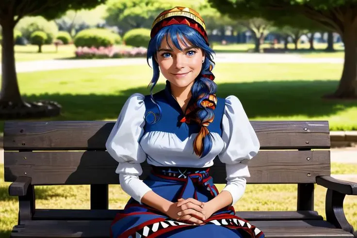 a woman in a park, sitting on a bench, birds, bird on hand, holding bird, cute smile, beautiful eyes, beautiful girl, high detail skin, high detail eyes, high detail hair, highres, ultra detailed, sharpen picture, Highly detailed, masterpiece, best quality, photorealistic,
<lora:LunaNoa002:0.9> 1girl, lnbackground, background, blue hair, long hair, solo, dress, hat, smile, looking at viewer, long sleeves, braid, sidelocks, blue eyes, bandana, puffy sleeves, skirt