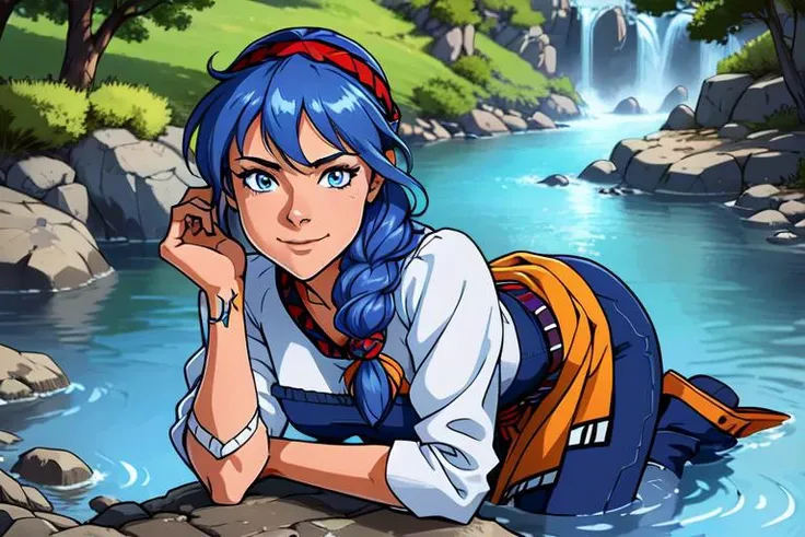a woman holding dirty clothes , kneeling at a river, washing clothes, beautiful eyes, beautiful girl, high detail skin, high detail eyes, high detail hair, highres, ultra detailed, sharpen picture, Highly detailed, masterpiece, best quality, photorealistic,
<lora:LunaNoa002:0.8> 1girl, lnbackground, background, blue hair, long hair, solo, dress, hat, smile, looking at viewer, long sleeves, braid, sidelocks, blue eyes, bandana