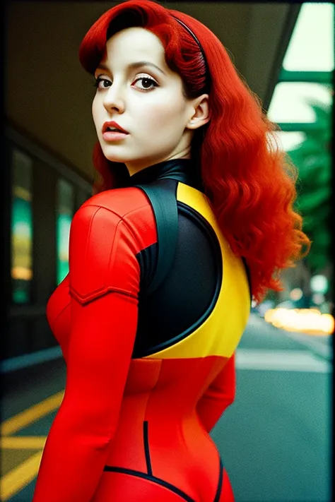 <lora:n0r4_lora:1> n0r4 , hyper realistic photograph, detailed face, full body, hyper realistic photograph, detailed face, red hair, (black widow outfit), :: film grain, Kodak portra 800, f1.8,